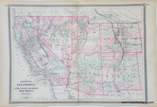 Antique-Map-California-also-Utah-Nevada-Colorado-New-Mexico-and-Arizona- by Johnson, published in 1880