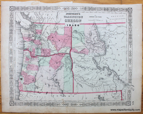 Antique-Map-of-Washington-Oregon-and-Idaho-territory-johnson-Ward-1864-1860s-1800s-19th-century