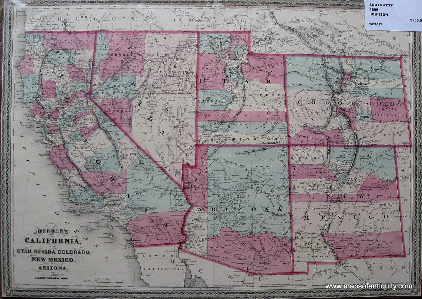 Antique-Hand-Colored-Map-Johnson's-California-also-Utah-Nevada-Colorado-New-Mexico-and-Arizona-United-States-West-1870-Johnson-Maps-Of-Antiquity