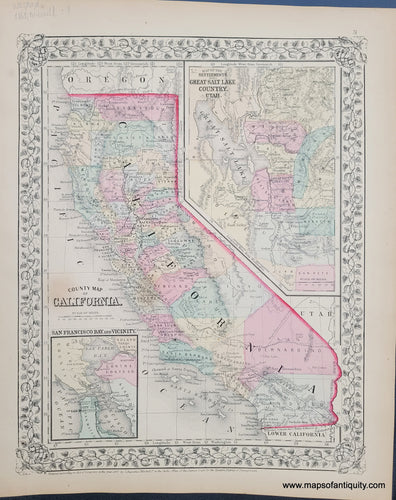 Antique-Hand-Colored-Map-County-Map-of-California.--With-inset-maps-of-the-City-of-San-Francisco-and--S.F.-Bay-and-Vicinity-United-States-West-1868-Mitchell-Maps-Of-Antiquity