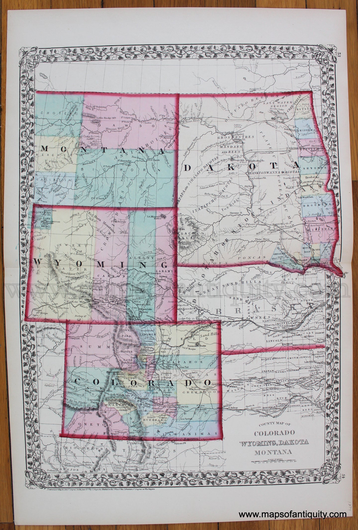 Antique-Map-County-Map-of-Colorado-Wyoming-Dakota-Montana-mitchell-1874-1870s-1800s-19th-century