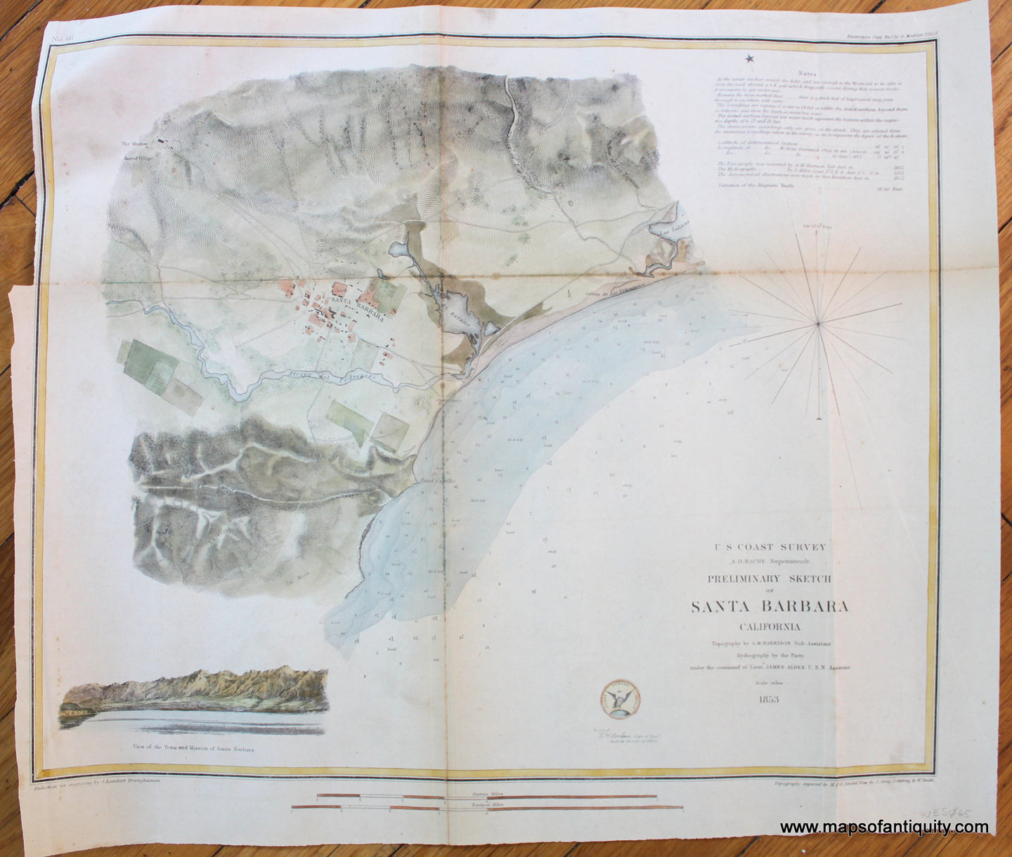 Antique-Map-coast-chart-Santa-Barbara-California-US-Coast-Survey-1853-1850s-1800s-19th-century-Maps-of-Antiquity