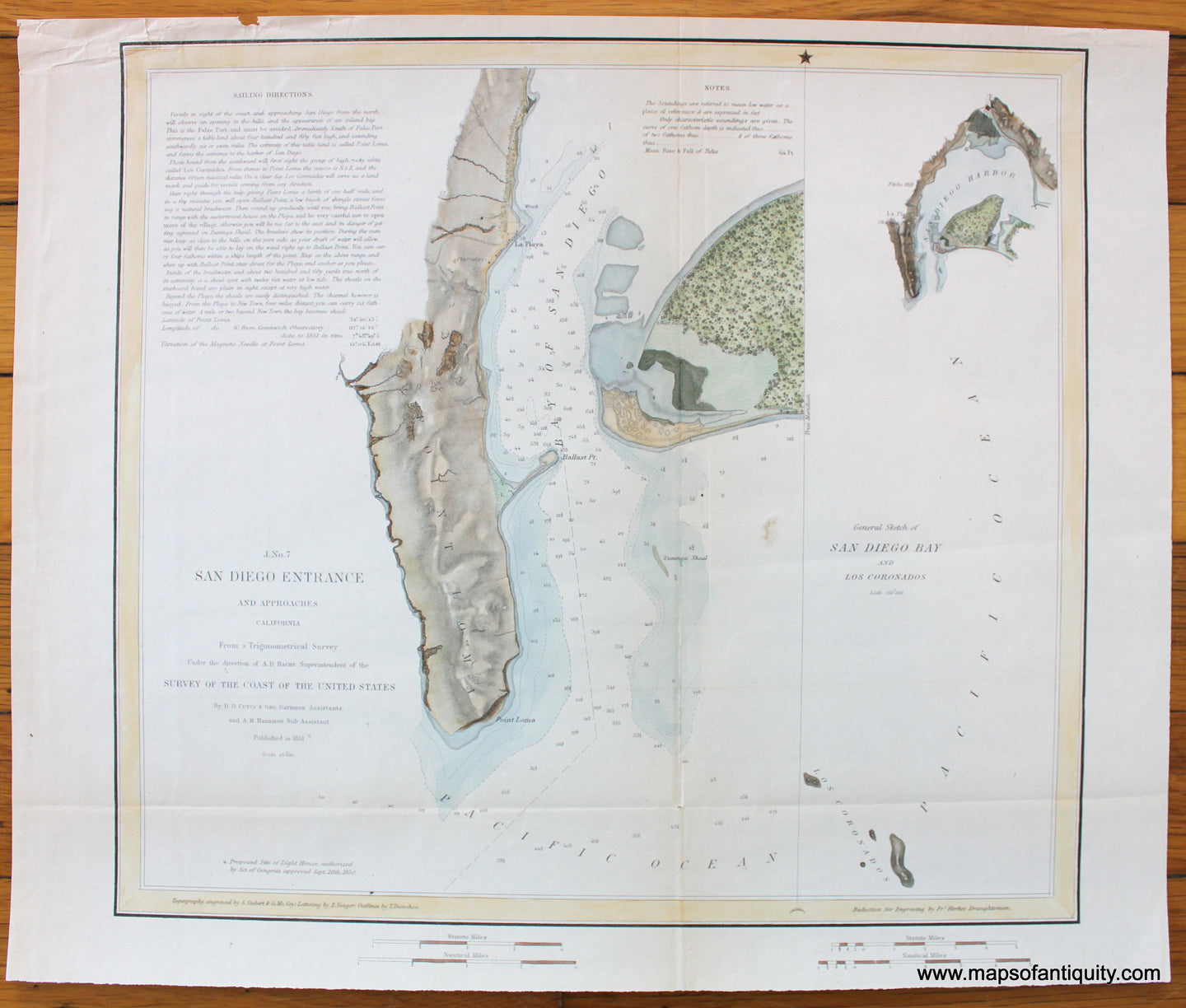 Antique-Map-San-Diego-Entrance-and-Approaches-California-Bay-Harbor-Los-Coronados-United-States-Coast-Survey-Coastal-Chart-1851-1850s-1800s-Mid-19th-Century-Maps-of-Antiquity