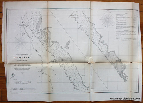 Black-and-White-Antique--Nautical-Chart-Preliminary-Chart-of-Tomales-Bay-California--United-States-West-1861-U.S.-Coast-Survey-Maps-Of-Antiquity