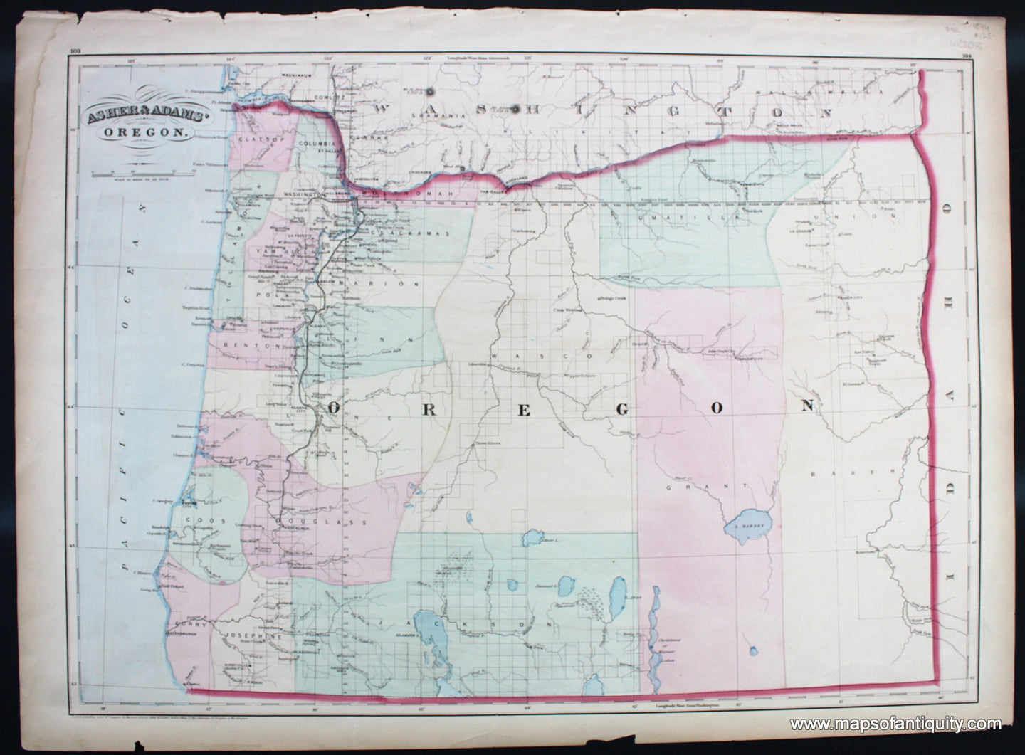 Antique-Hand-Colored-Map-Oregon.-United-States-West-1874-Asher-&-Adams-Maps-Of-Antiquity