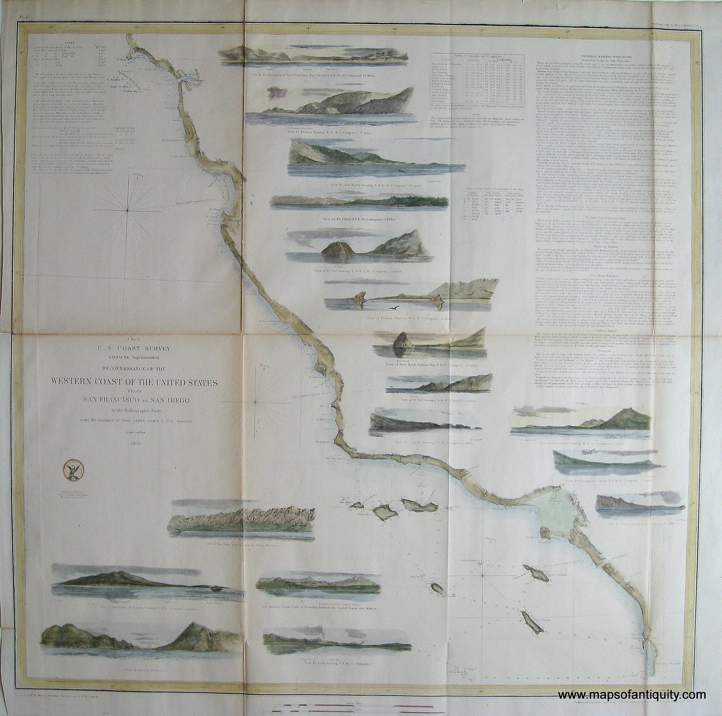 Hand-Colored-Antique-Coastal-Chart-Reconnaissance-of-the-Western-Coast-of-the-United-States-Middle-Sheet-from-San-Francisco-to-San-Diego.-**********-United-States-West-1854-U.S.C.S.-Maps-Of-Antiquity