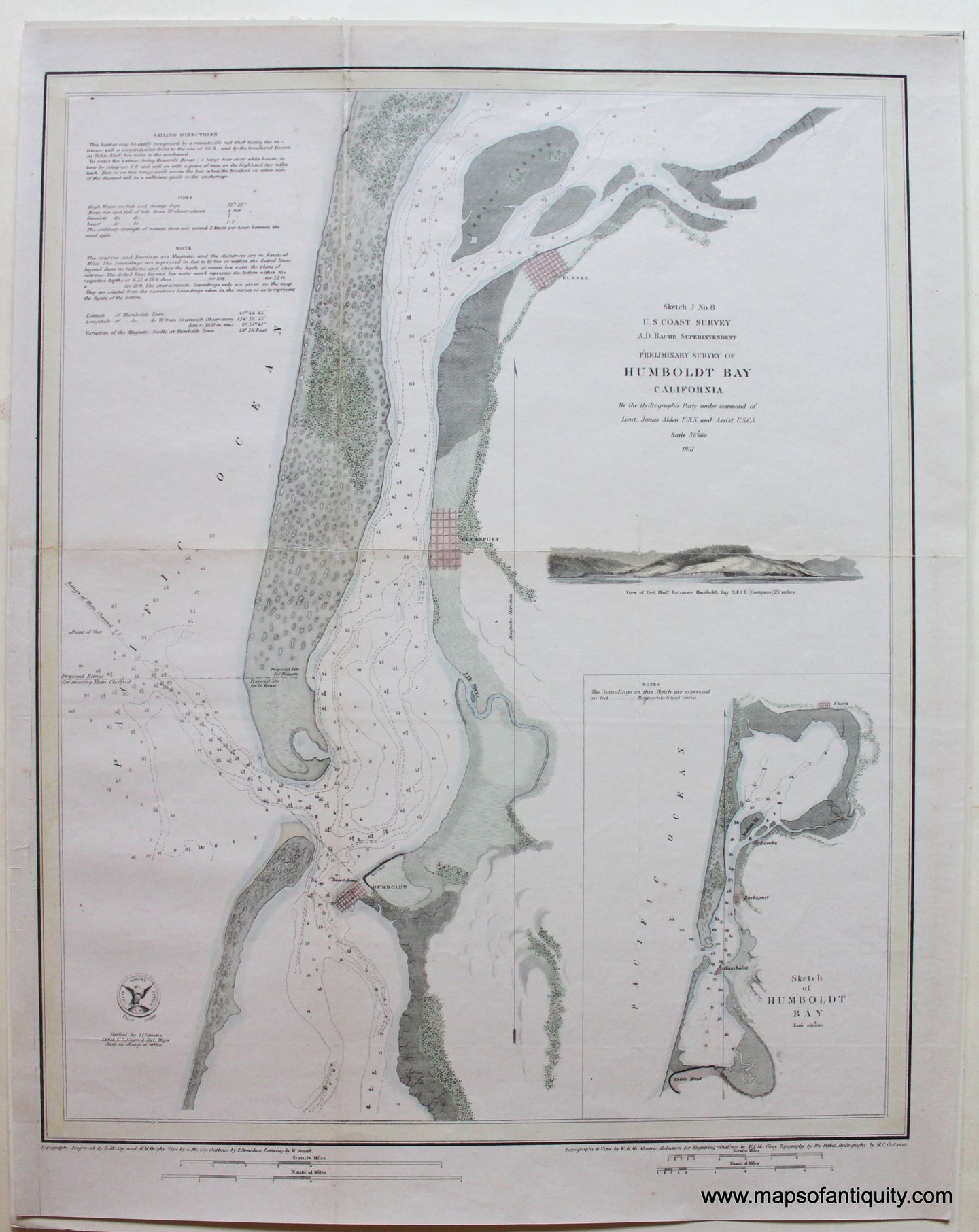 Antique-Chart-California-Humboldt-Bay-1851-Coast-Coastal-Report-Survey-Map-Maps-of-Antiquity