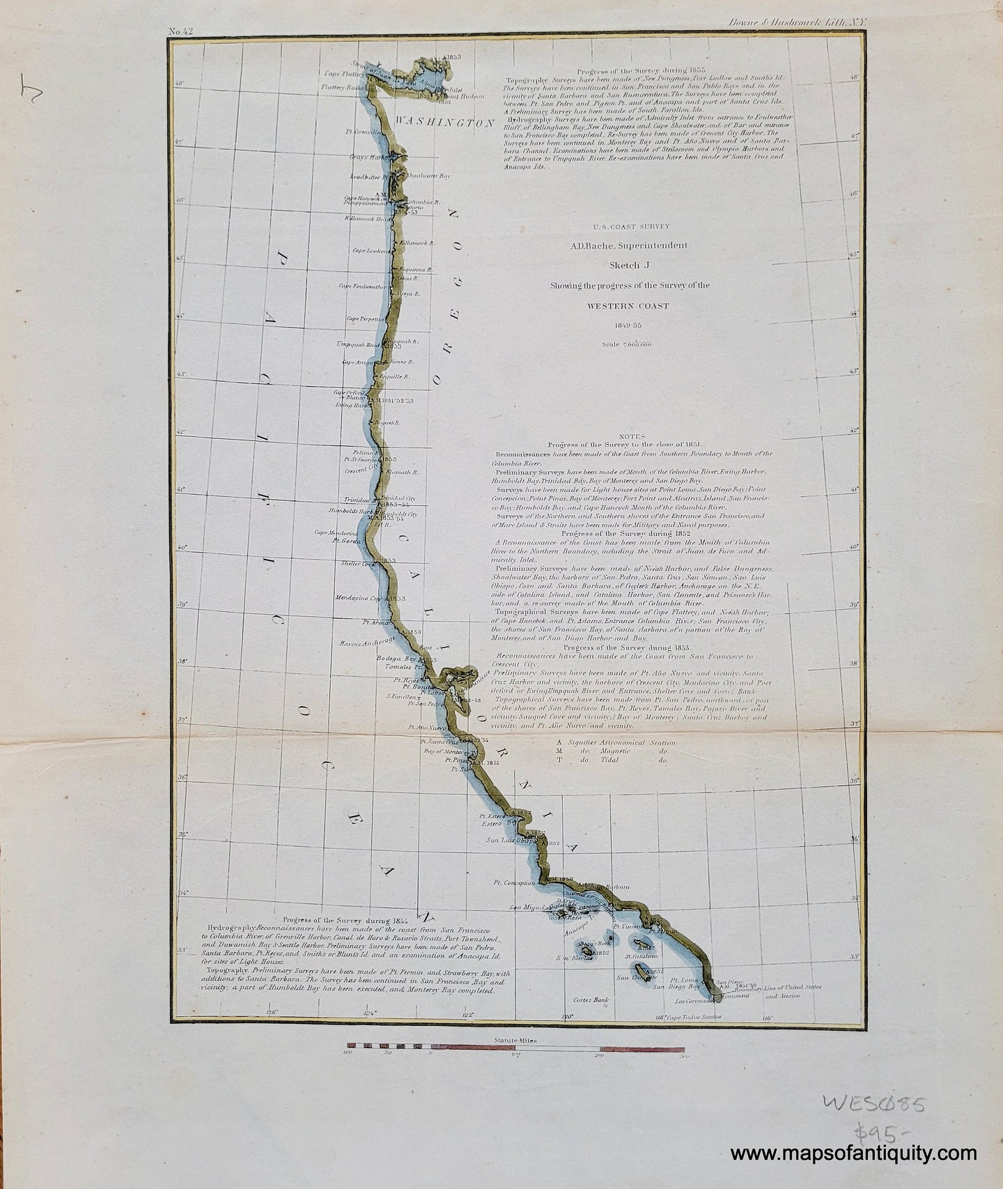Hand-Colored-Antique-Coastal-Chart-Sketch-J-Showing-the-progress-of-the-Survey-of-the-Western-Coast**********-United-States-West-1855-U.S.-Coast-Survey