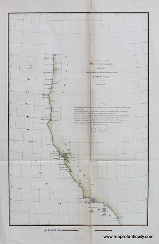 Hand-Colored-Antique-Coastal-Chart-Sketch-J-Showing-the-progress-of-the-Survey-of-the-Western-Coast**********-United-States-West-1851-U.S.-Coast-Survey-Maps-Of-Antiquity