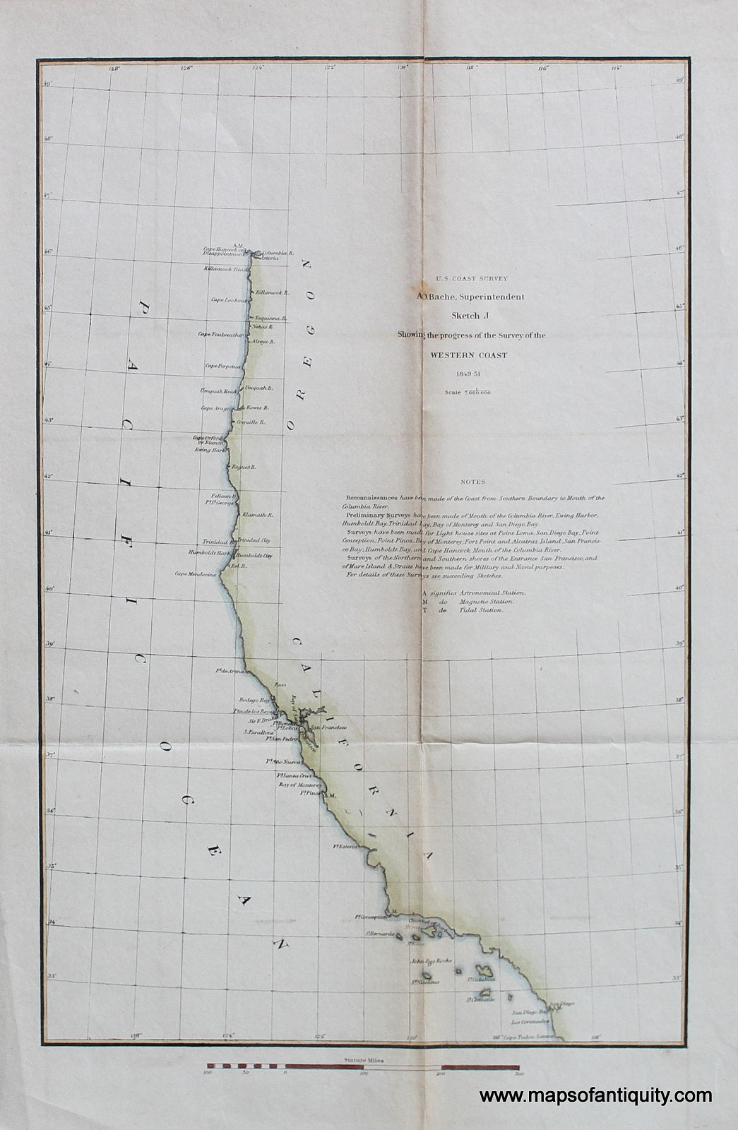 Hand-Colored-Antique-Coastal-Chart-Sketch-J-Showing-the-progress-of-the-Survey-of-the-Western-Coast**********-United-States-West-1851-U.S.-Coast-Survey-Maps-Of-Antiquity