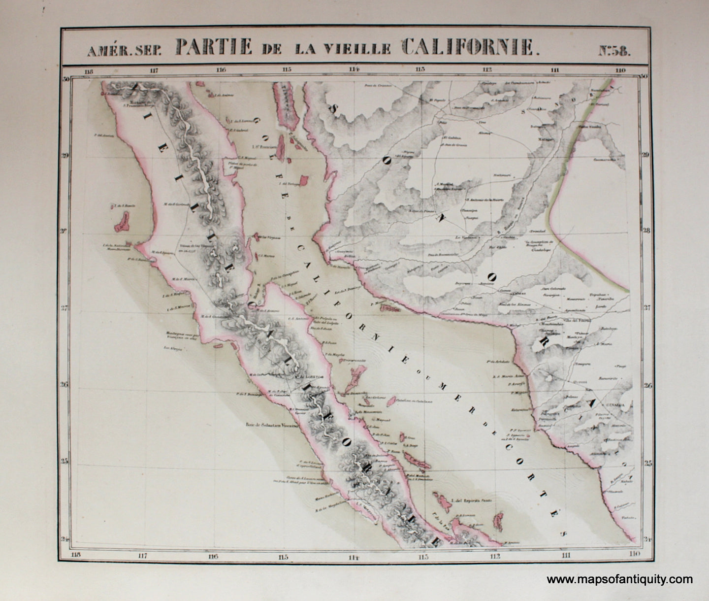 Antique-Hand-Colored-Map-Amerique-Septentrionale-No.-58-inset-with-No.-63-Partie-de-la-Vieille-Californie-United-States-West-1827-Vandermaelen-Maps-Of-Antiquity