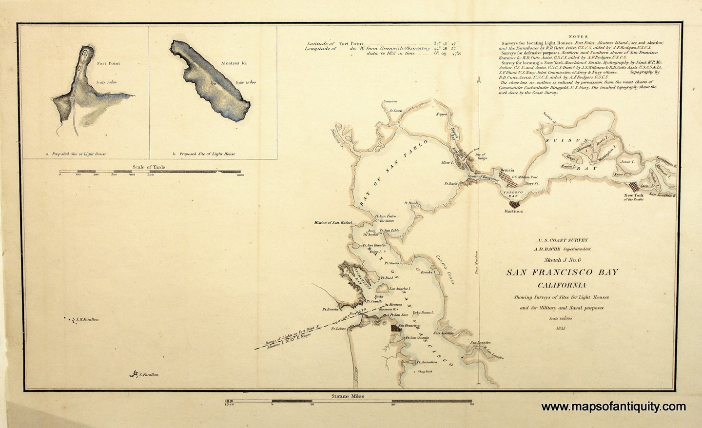 Hand-Colored-Antique-Coastal-Chart-Sketch-J-No.-6-San-Francisco-Bay**********-United-States-California-1851-U.S.-Coast-Survey-Maps-Of-Antiquity