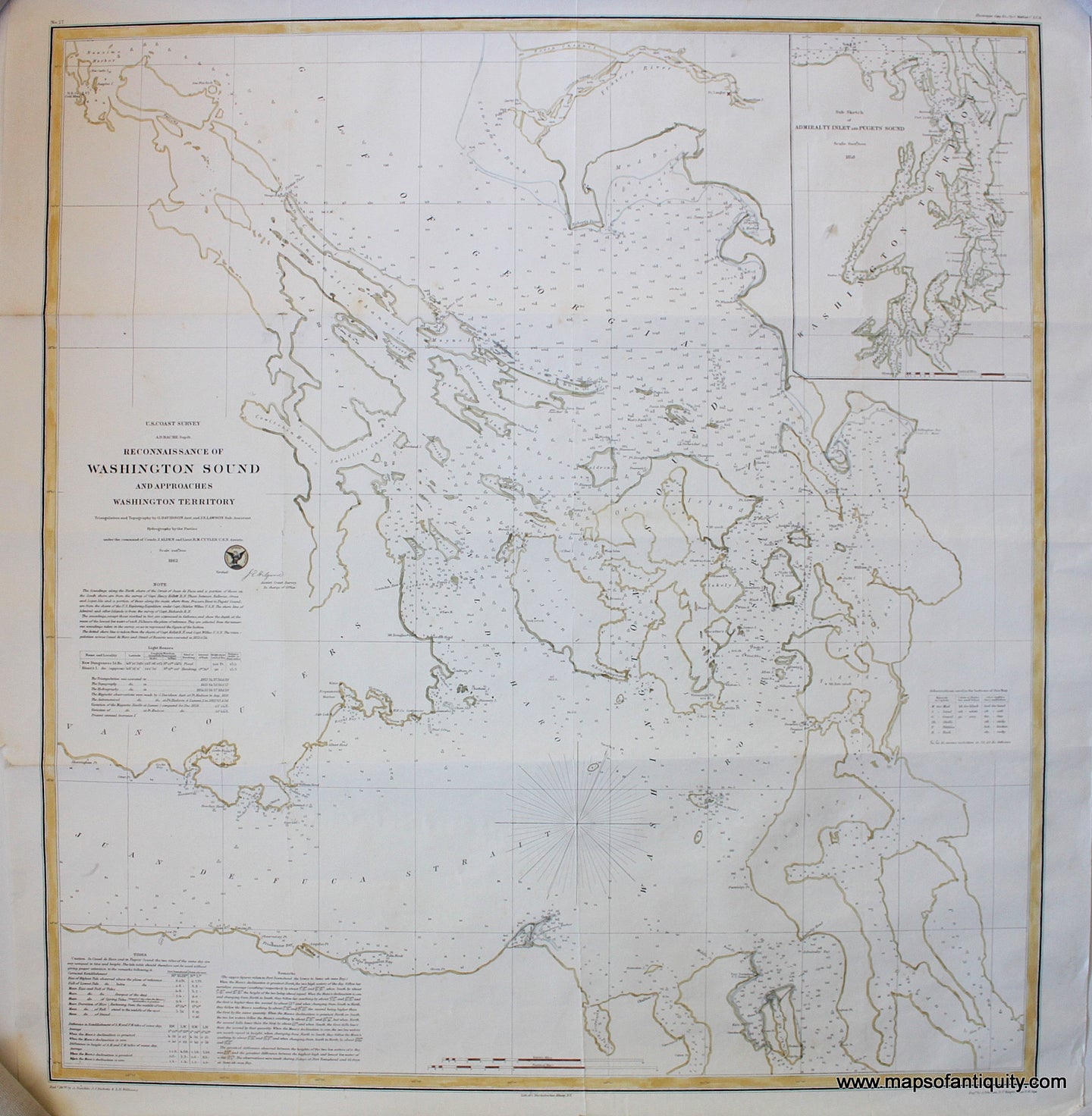 Hand-Colored-Original-Antique-Coastal-Chart-Reconnaissance-of-Washington-Sound-and-Approaches-Washington-Territory-******-Washington-Antique-Nautical-Charts-1862-U.S.-Coast-Survey-Maps-Of-Antiquity