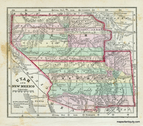 Antique-Hand-Colored-Map-Utah-and-New-Mexico-**********-Utah-New-Mexico-1856-Diamond-Maps-Of-Antiquity