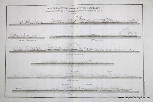 Antique-Black-and-White-Engraved-Recognition-Profiles-Vue-de-la-Cote-du-Nord-Ouest-de-L'Amerique-No.-18-West-General-Antique-Nautical-Charts-1798-Atlas-du-Voyage-de-la-Perouse-Maps-Of-Antiquity