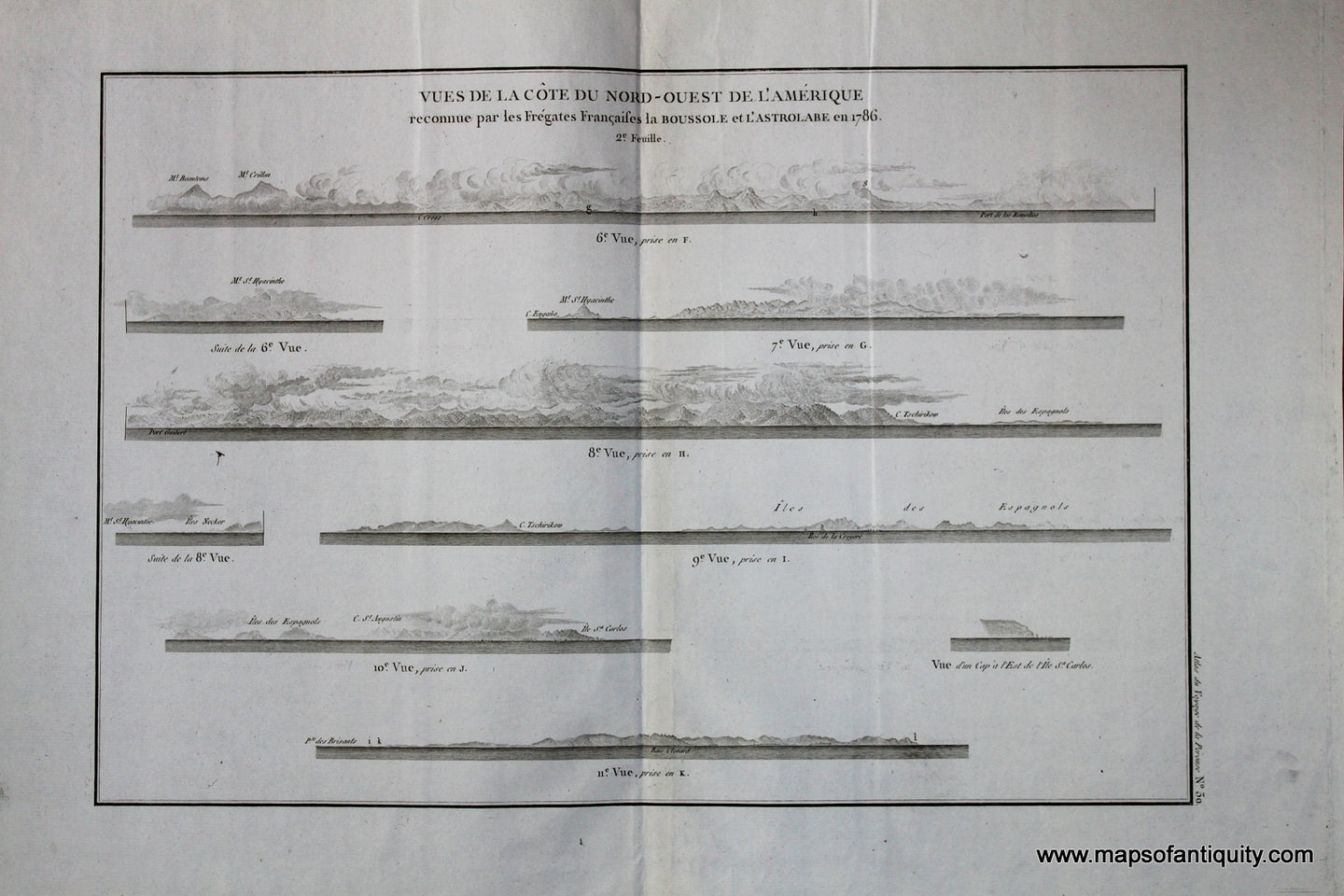 Antique-Black-and-White-Engraved-Recognition-Profiles-Vue-de-la-Cote-du-Nord-Ouest-de-L'Amerique-No.-30-West-General-Antique-Nautical-Charts-1798-Atlas-du-Voyage-de-la-Perouse-Maps-Of-Antiquity