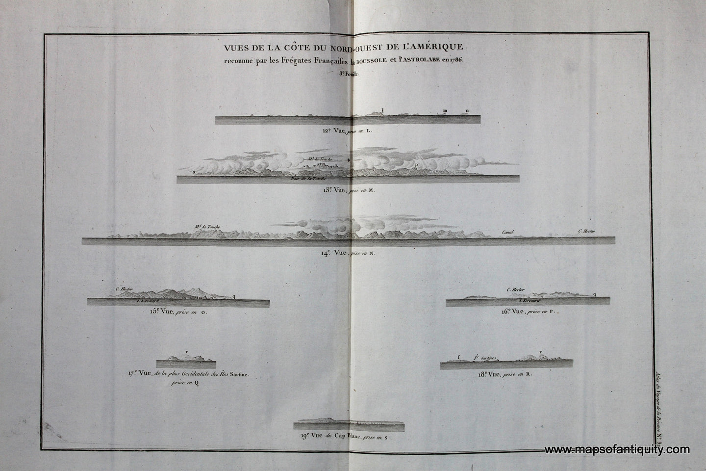 Antique-Black-and-White-Engraved-Recognition-Profiles-Vue-de-la-Cote-du-Nord-Ouest-de-L'Amerique-No.-32.-West-General-Antique-Nautical-Charts-1798-Atlas-du-Voyage-de-la-Perouse-Maps-Of-Antiquity