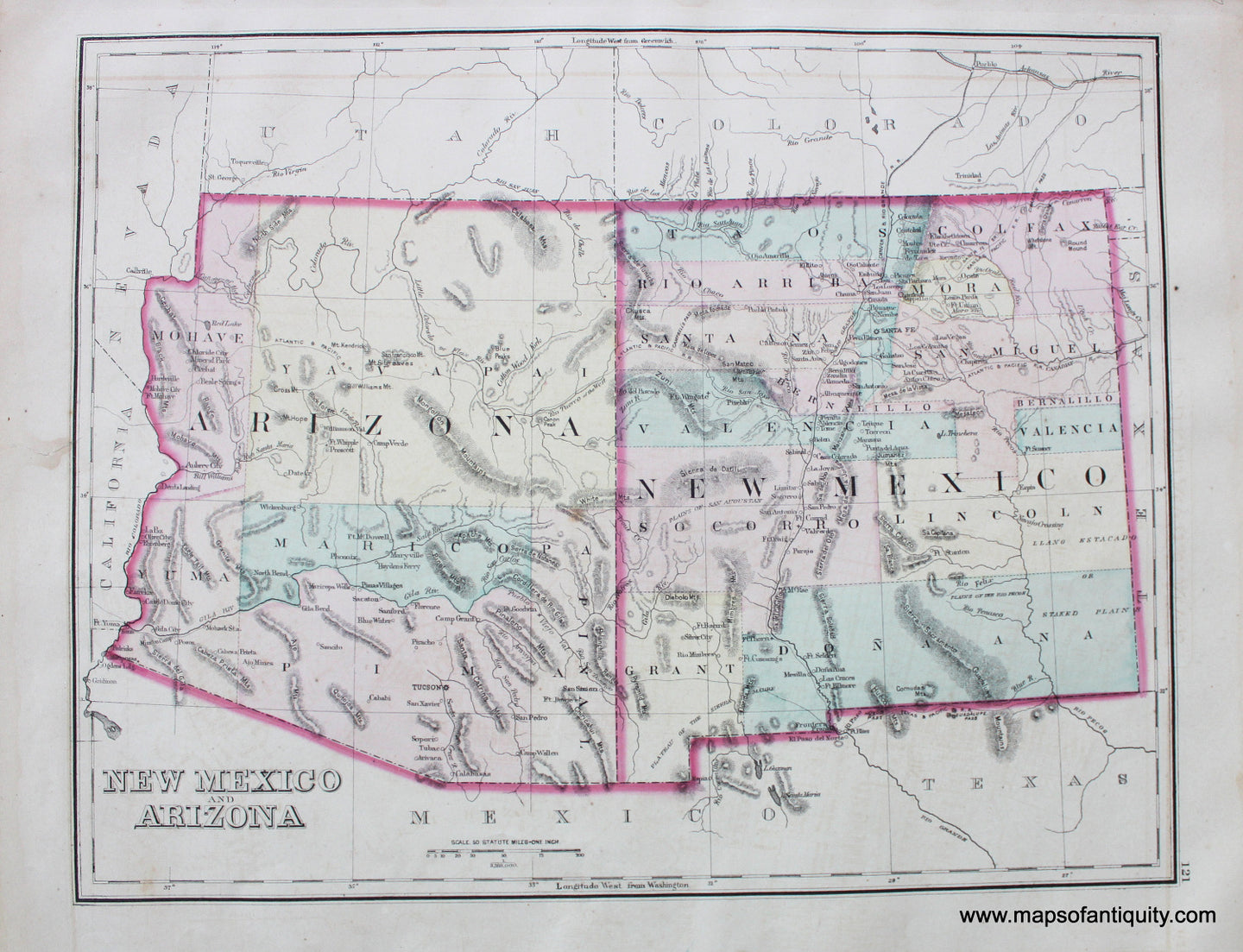 Antique-Hand-Colored-Map-Gray's-Atlas-Map-of-New-Mexico-and-Arizona-Verso:-Mexico-West--1876-Gray-Maps-Of-Antiquity