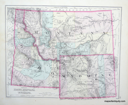 Antique-Hand-Colored-Map-Idaho-Montana-Wyoming-**********-West--1876-Gray-Maps-Of-Antiquity