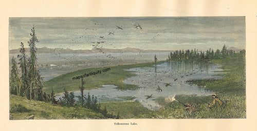 Hand-Colored-Antique-Engraving-Yellowstone-Lake-******-West--1872-Picturesque-America-Maps-Of-Antiquity