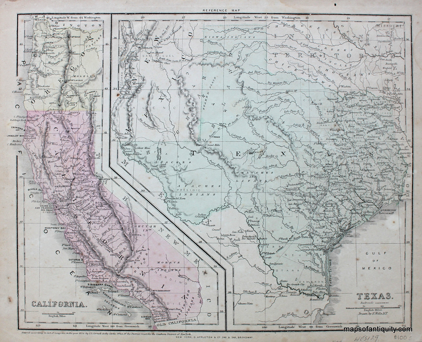 Antique-Hand-Colored-Map-California.-Texas.**********-California-Texas-1856-Cornell-Maps-Of-Antiquity