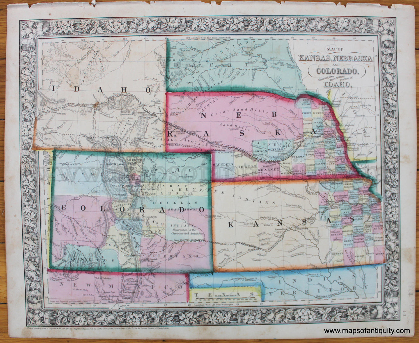 Antique-Hand-Colored-Map-Map-of-Kansas-Nebraska-and-Colorado.-Showing-also-the-Eastern-portion-of-Idaho.-United-States-West-General-1864-Mitchell-Maps-Of-Antiquity