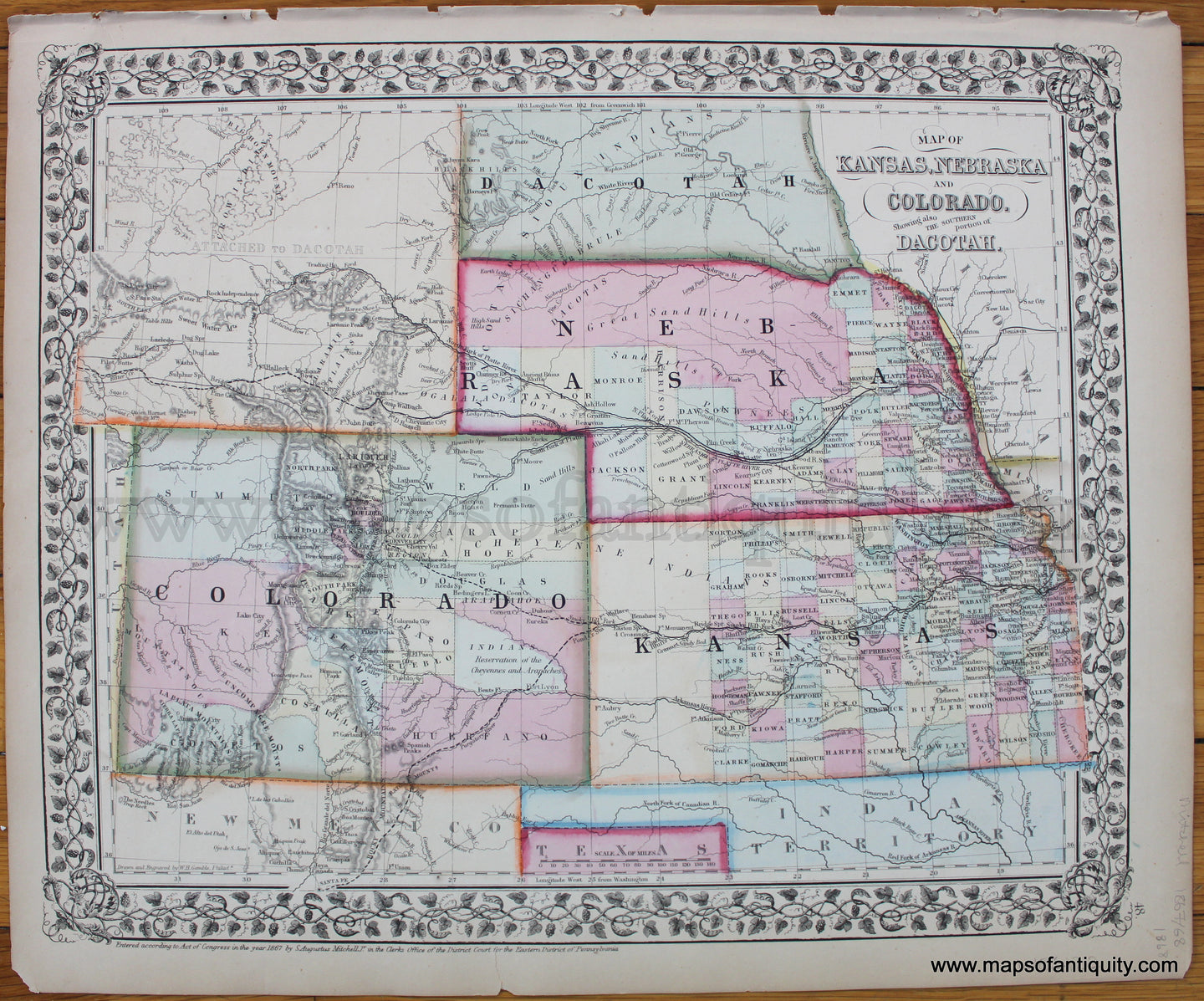Antique-Hand-Colored-Map-Map-of-Kansas-Nebraska-and-Colorado.-Showing-also-the-Southern-portion-of-Dakotah.--United-States-West-General-1867/1868-Mitchell-Maps-Of-Antiquity