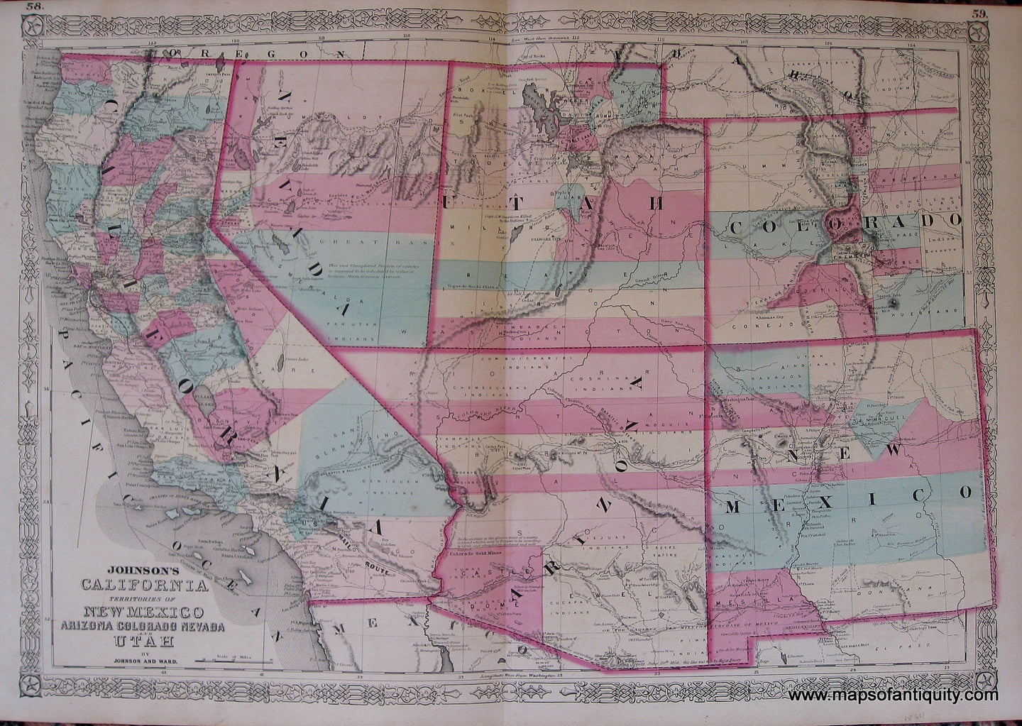 Antique-Hand-Colored-Map-Johnson's-California-Territories-of-New-Mexico-Arizona-Colorado-Nevada-and-Utah.-**********-United-States-West-General-1863-Johnson-Maps-Of-Antiquity