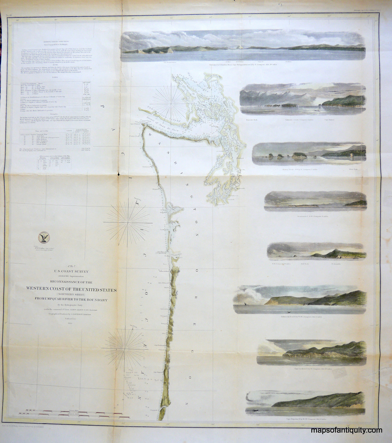 Hand-Colored-Antique-Coastal-Chart-Reconnaissance-of-the-Western-Coast-of-the-United-States-Northern-Sheet-from-the-Umpquah-River-to-the-Boundary-******-United-States-West-1855-U.S.-Coast-Survey-Maps-Of-Antiquity