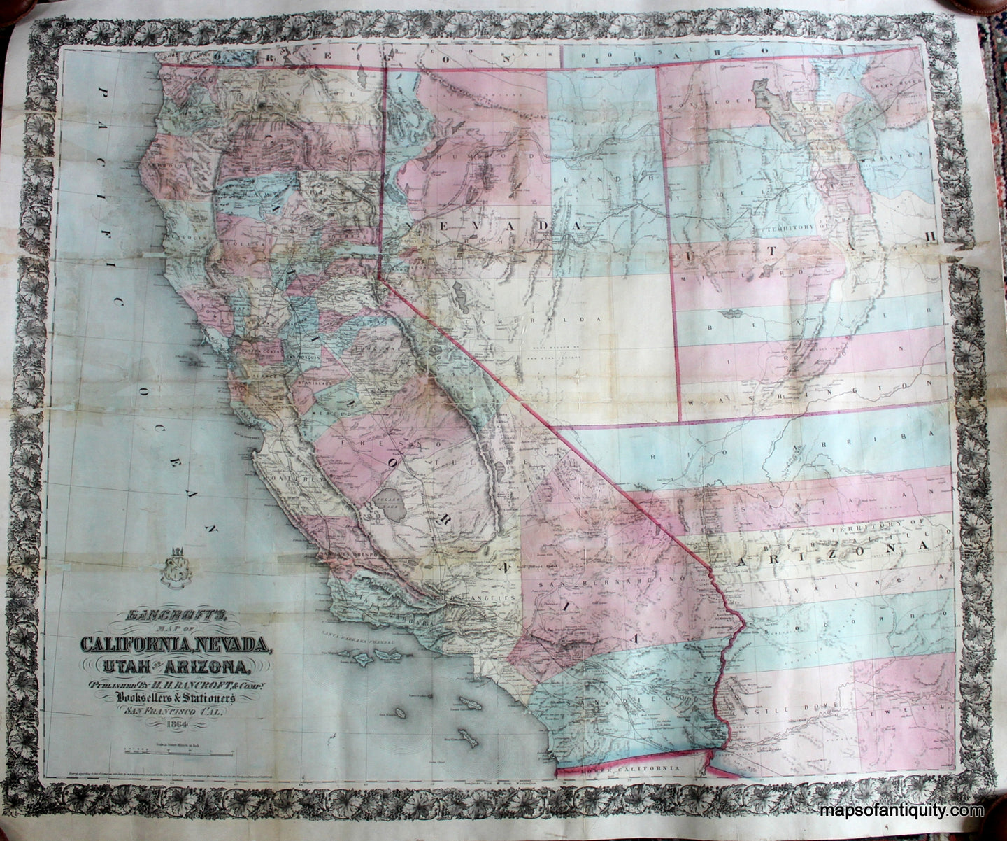 Antique-Colored-Map-Bancroft's-Map-of-California-Nevada-Utah-and-Arizona-United-States-West-1864-Bancroft-Maps-Of-Antiquity