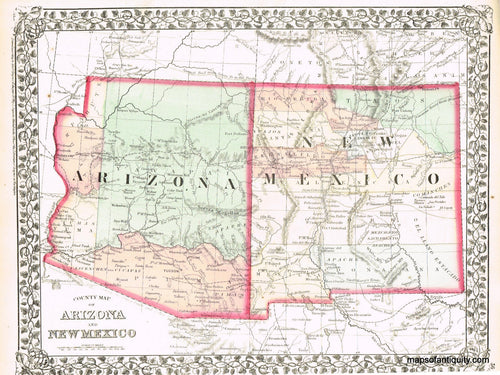Antique-Hand-Colored-Map-County-Map-of-Arizona-and-New-Mexico-**********-United-States-West-1874--Maps-Of-Antiquity