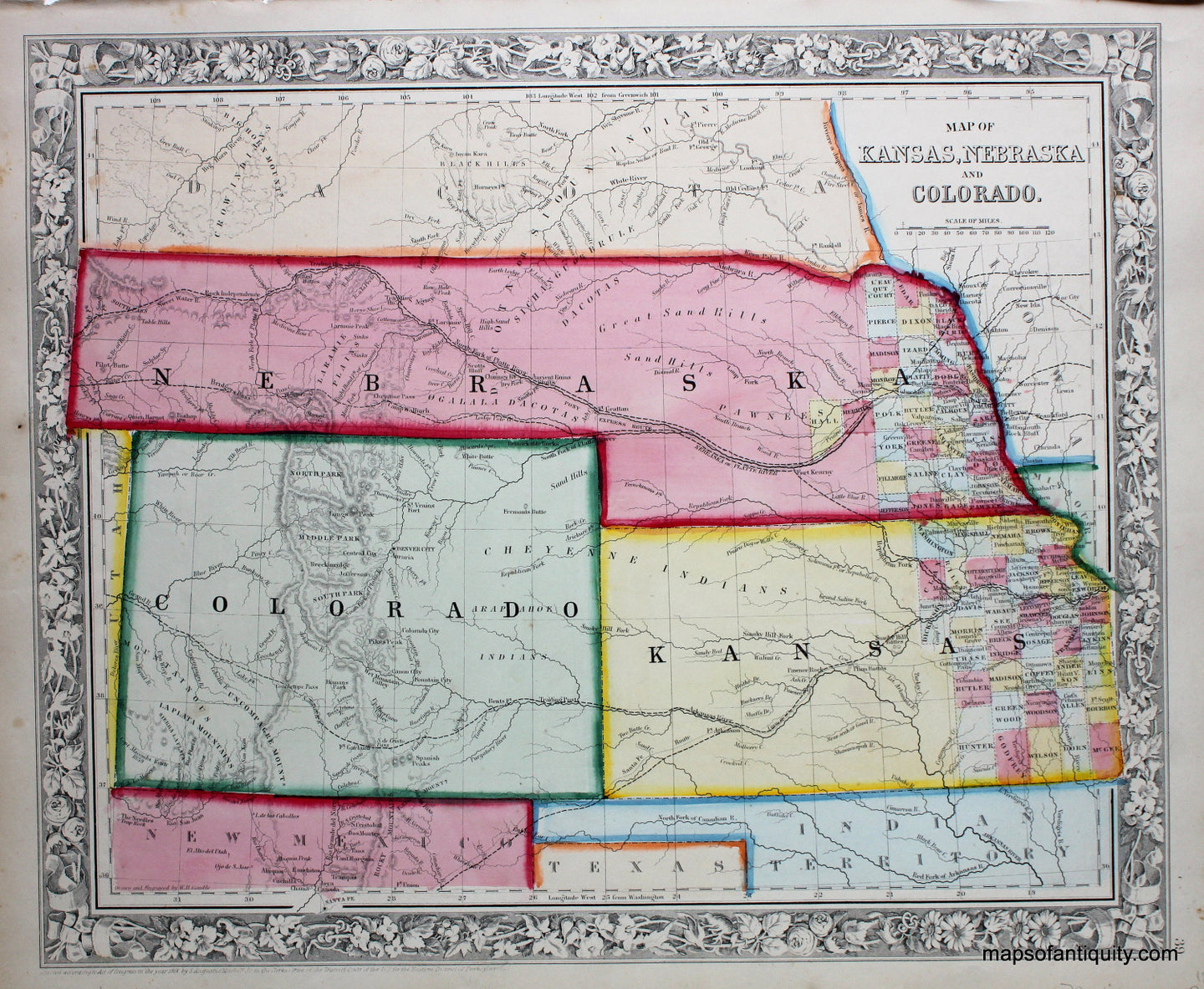 Antique-Hand-Colored-Map-Map-of-Kansas-Nebraska-and-Colorado.--United-States-West-General-1862-Mitchell-Maps-Of-Antiquity