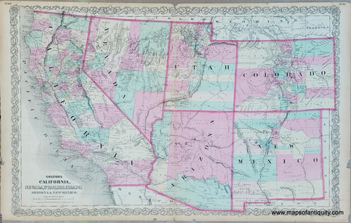 Antique-Hand-Colored-Map-Colton's-California-Nevada-Utah-Colorado-Arizona-and-New-Mexico.-United-States-West-General-1871-Colton-Maps-Of-Antiquity