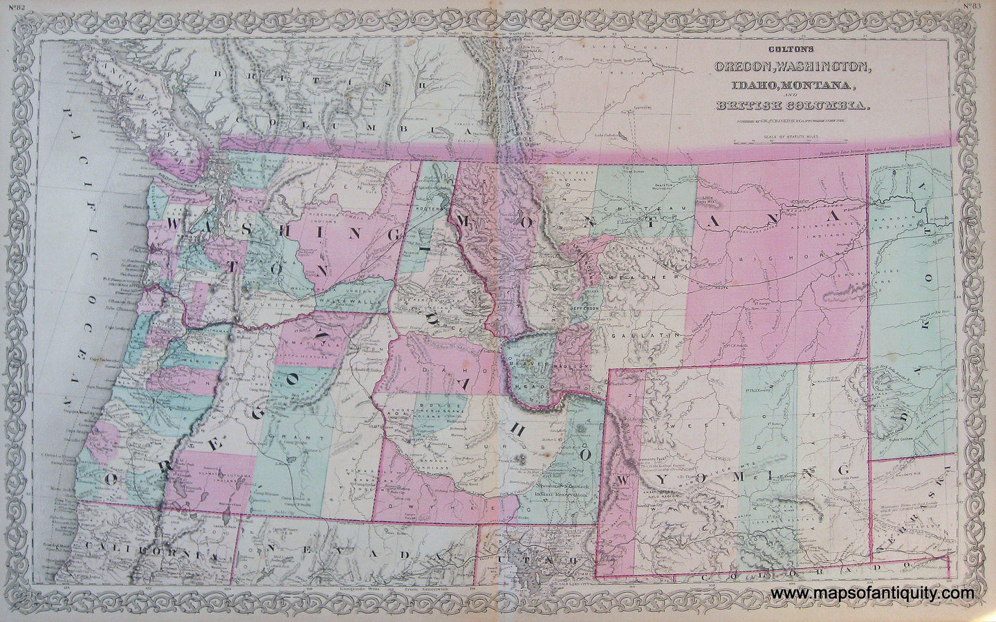 Antique-Hand-Colored-Map-Coltons-Oregon-Washington-Idaho-Montana-and-British-Columbia-1871-Colton-Maps-Of-Antiquity
