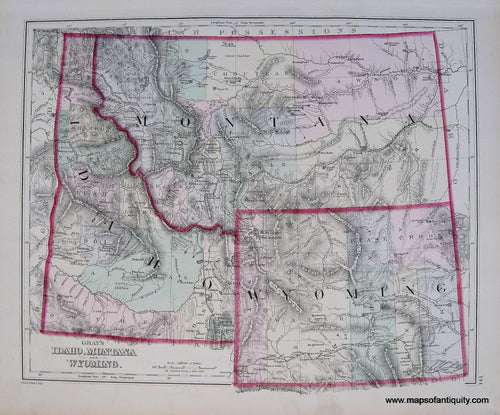Antique-Hand-Colored-Map-Gray's-Idaho-Montana-and-Wyoming-verso:-Utah-******-United-States-West-1881-Gray-Maps-Of-Antiquity