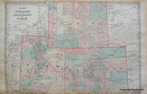 Antique-Hand-Colored-Map-Colton's-Wyoming-Utah-and-Colorado-**********-West-General-Utah-1887-Colton-Maps-Of-Antiquity
