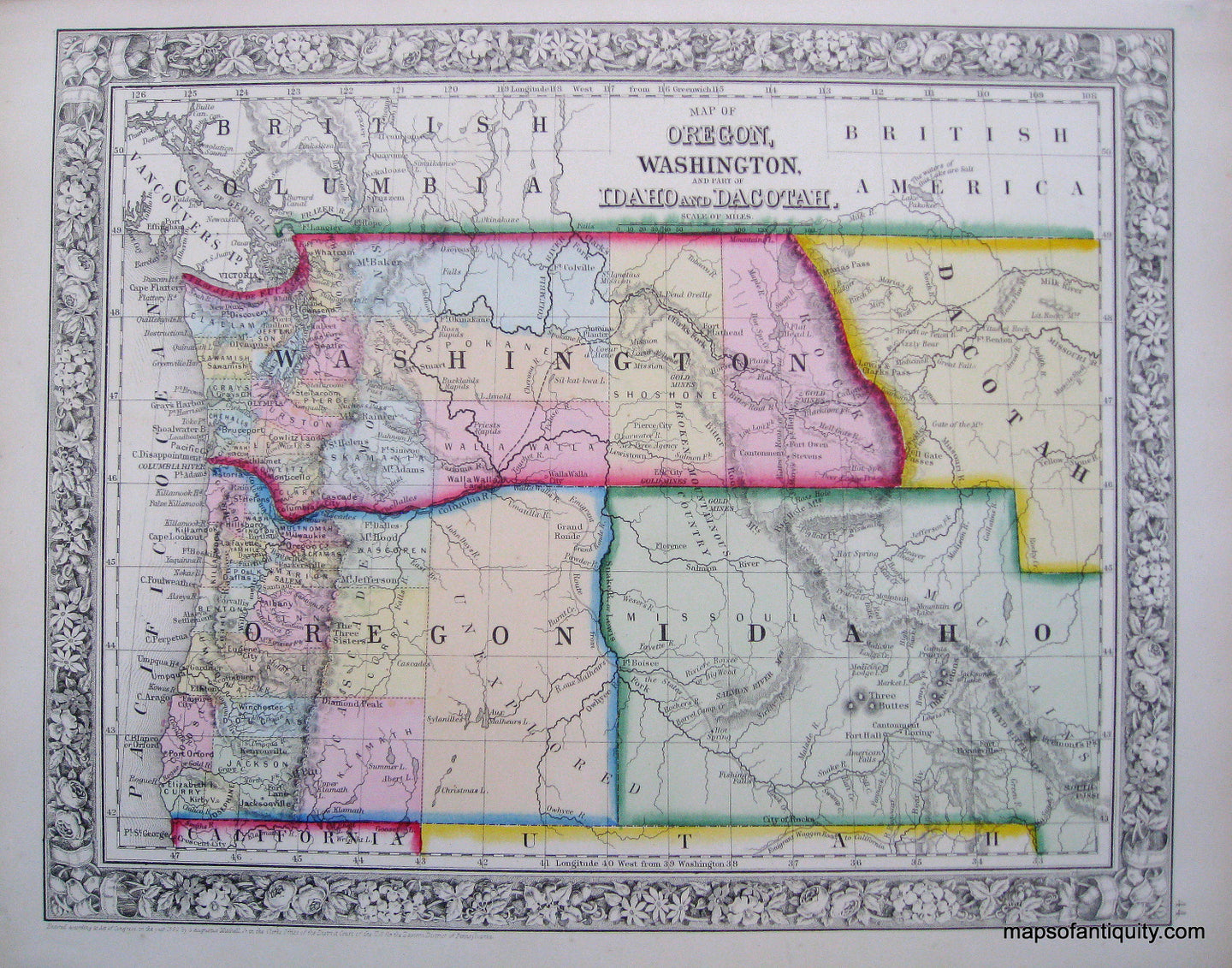 Antique-Hand-Colored-Map-Map-of-Oregon-Washington-and-part-of-Idaho-and-Dacotah-******-United-States-West-1863-Mitchell-Maps-Of-Antiquity