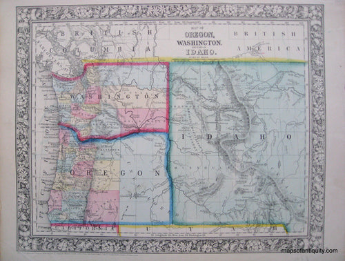 Antique-Hand-Colored-Map-Map-of-Oregon-Washington-and-part-of-Idaho--**********-United-States-West-1864-Mitchell-Maps-Of-Antiquity