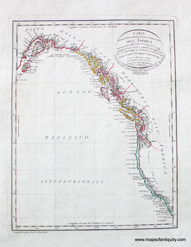 Antique-Hand-Colored-Map-Carta-Dell'America---West-Coast-Map-**********-North-America-West-c.-1820--Rossi-Maps-Of-Antiquity