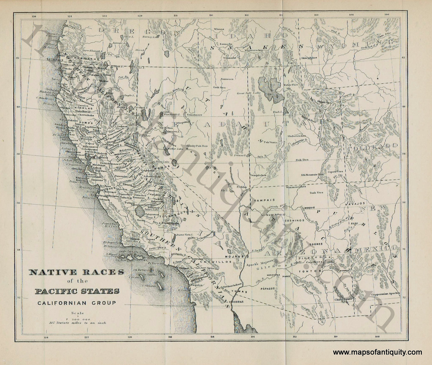 Antique-map-native-American-Indian-tribes-races-Pacific-West-California-Nevada-Utah-Arizona-US-1833-Bancroft-1880s-1800s-19th-century-Maps-of-Antiquity