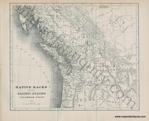 Antique-map-native-American-Indian-British-Columbia-Oregon-Washington-Idaho-Montana-tribes-races-Pacific-West-US-Canada-Bancroft-1883-1880s-1800s-19th-century-Maps-of-Antiquity