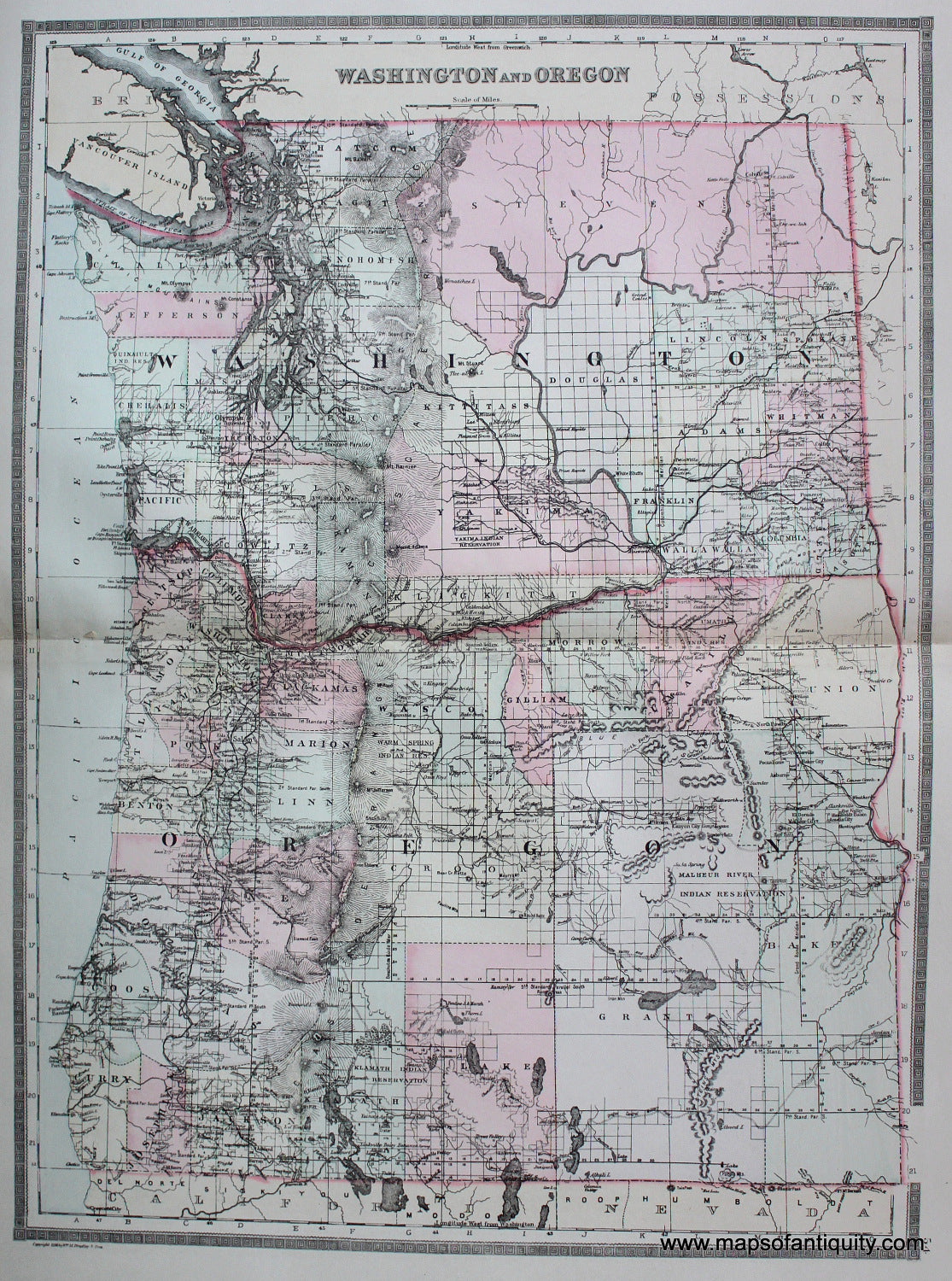 Antique-Hand-Colored-Map-Washington-and-Oregon-United-States-West-1887-Bradley-Maps-Of-Antiquity