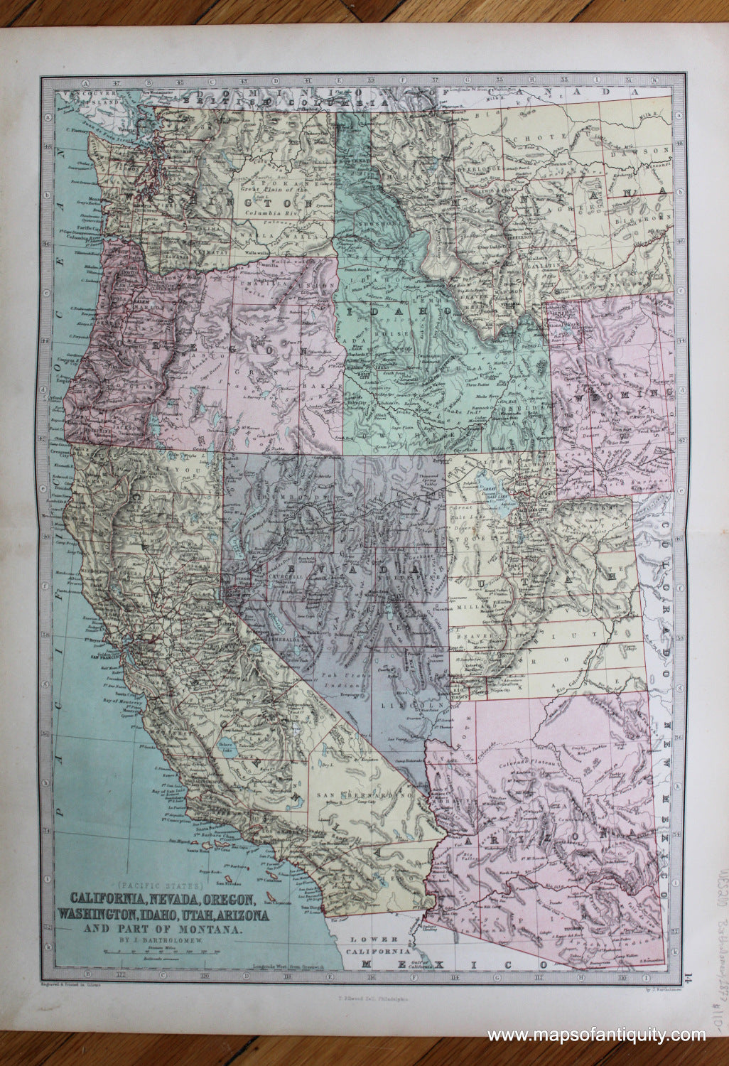 Antique-Printed-Color-Map-(Pacific-States)-California-Nevada-Oregon-Washington-Idaho-Utah-Arizona-and-Part-of-Montana.-United-States-West-1873-J.-Bartholomew-Maps-Of-Antiquity