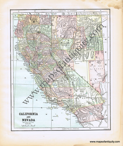 Antique-Printed-Color-Map-California-and-Nevada-United-States-West-1893-Hunt-&-Eaton-Maps-Of-Antiquity