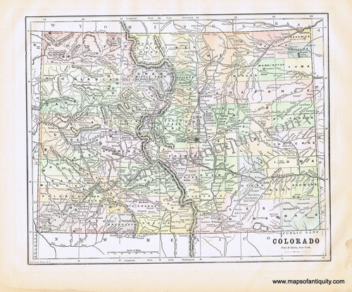 Antique-Printed-Color-Map-Colorado-**********-United-States-West-1893-Hunt-&-Eaton-Maps-Of-Antiquity