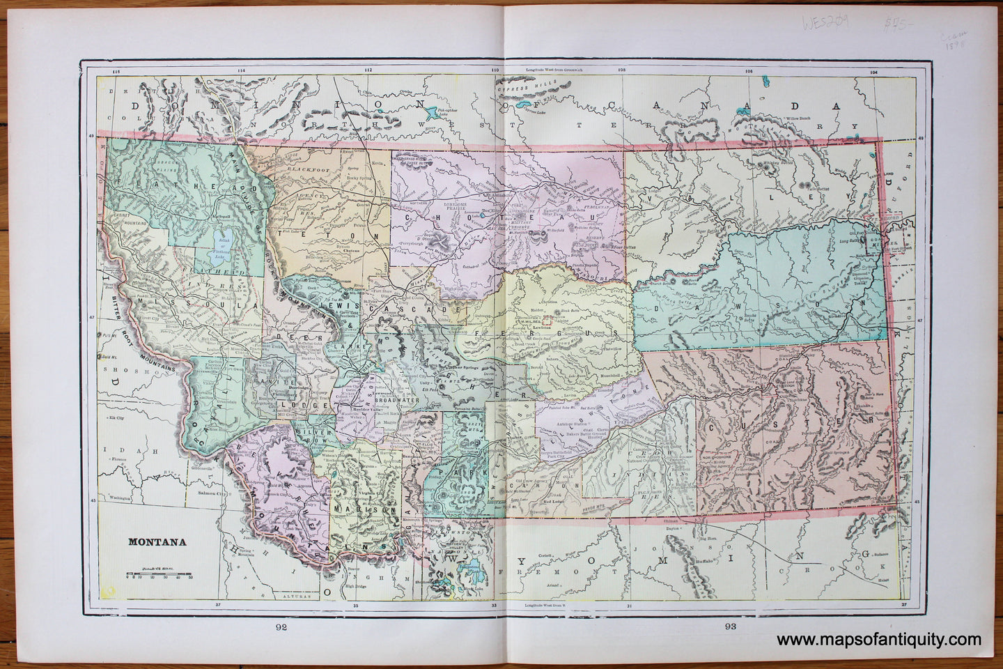 Antique-map-US-United-States-Wyoming-Yellowstone-National-Park-Montana-Cram-1900