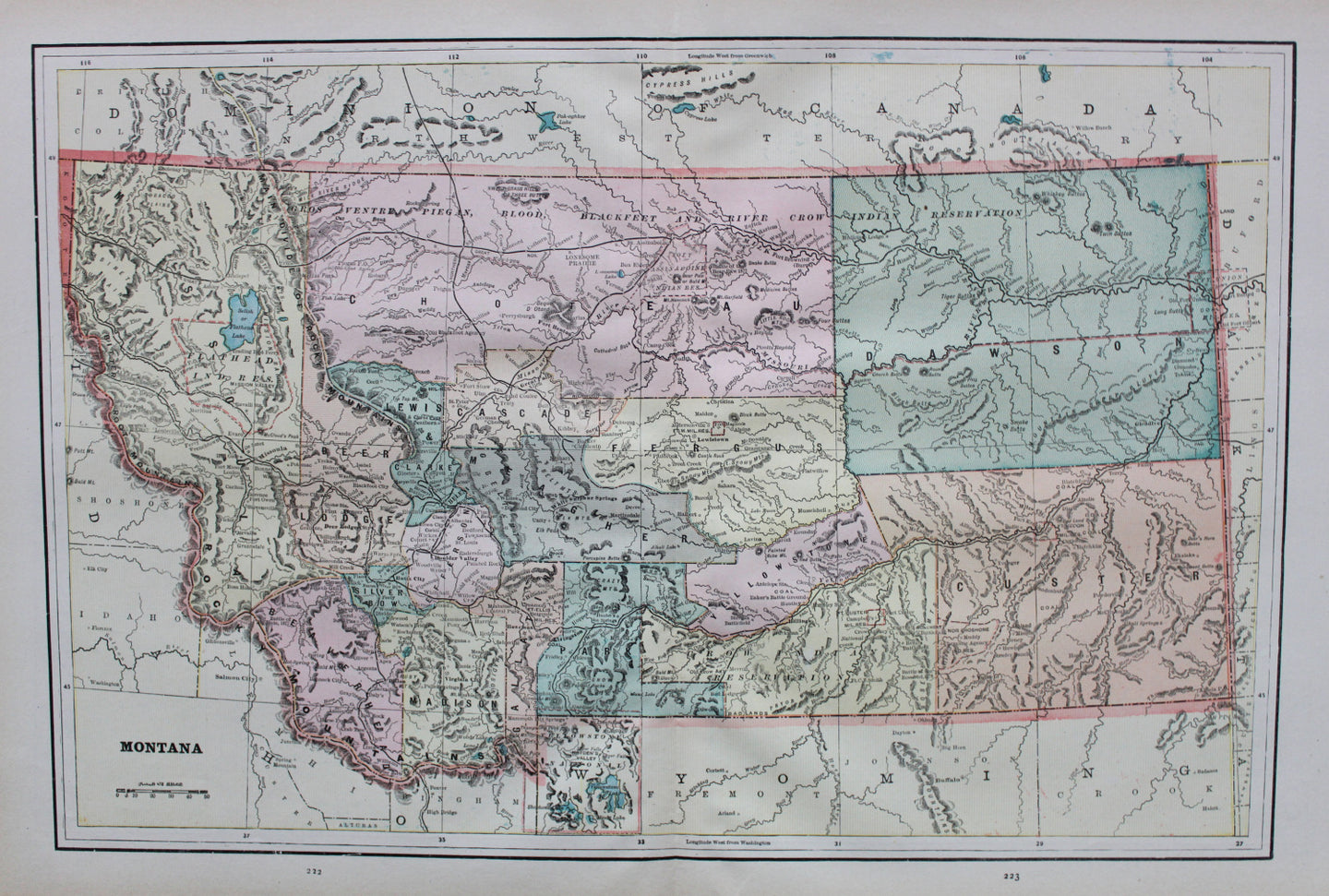 Antique-Printed-Color-Map-Montana-verso-Nevada-Wyoming-**********-United-States-West-1894-Cram-Maps-Of-Antiquity