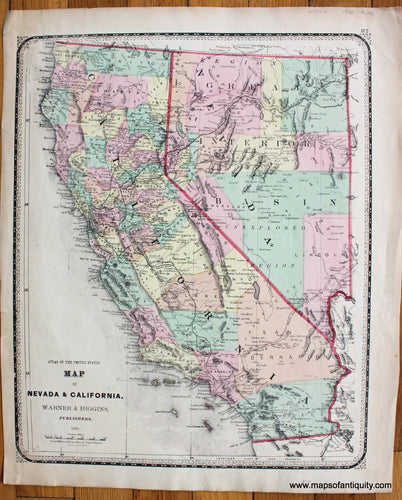 Antique-Hand-Colored-Map-Map-of-Nevada-&-California-**********-West-California-1870-Warner-&-Higgins/Lloyd-Maps-Of-Antiquity