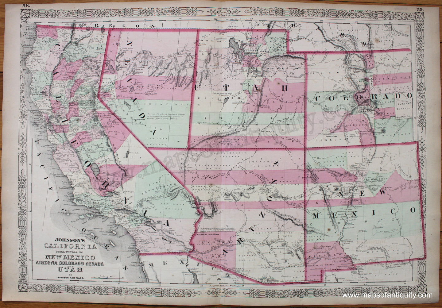 Antique-Hand-Colored-Map-Johnson's-California-with-Territories-of-Utah-Nevada-Colorado-New-Mexico-and-Arizona.--United-States-West-General-1864-Johnson-and-Ward-Maps-Of-Antiquity