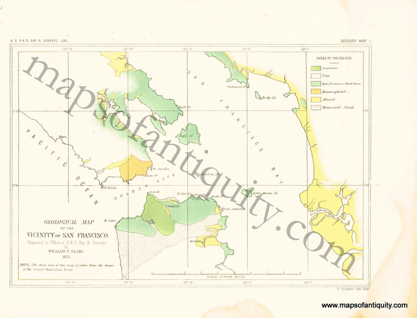 Antique-Hand-Colored-Map-Geological-Map-of-the-Vicinity-of-San-Francisco-**********-Geological-Maps-City-Views-San-Francisco-1853-U.S.-Pacific-R.R.-Surveys/-W.P.-Blake-Maps-Of-Antiquity